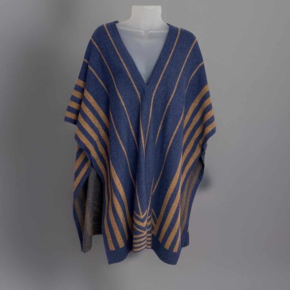 Baciano Bacci Womens Cape Poncho Medium Blue Brown Striped Open Front Artsy Knit